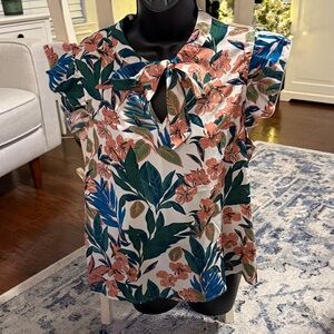 SHEIN Floral Tie-Front Blouse - Green, Pink, White